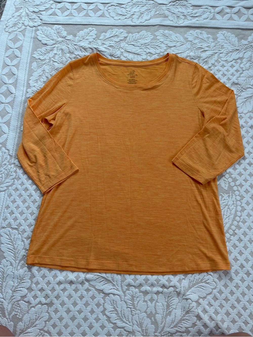 Woolx Heather Orange Jenny 3/4 Sleeve Merino Wool Top L Layering Gorpcore Travel